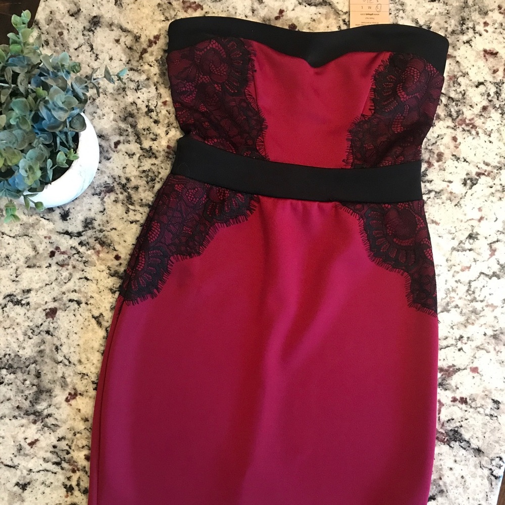 Maroon minidress with black lace sides.